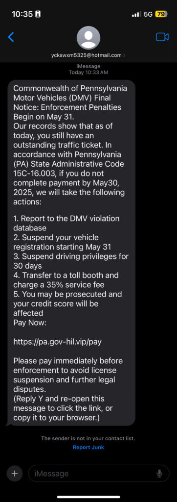 Example of scam message 